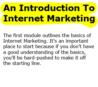 The first module outlines the basics of Internet Marketing. It's an important place to start because if you don't have a good understanding of the basics, you'll be hard-pushed to make it off the starting line.